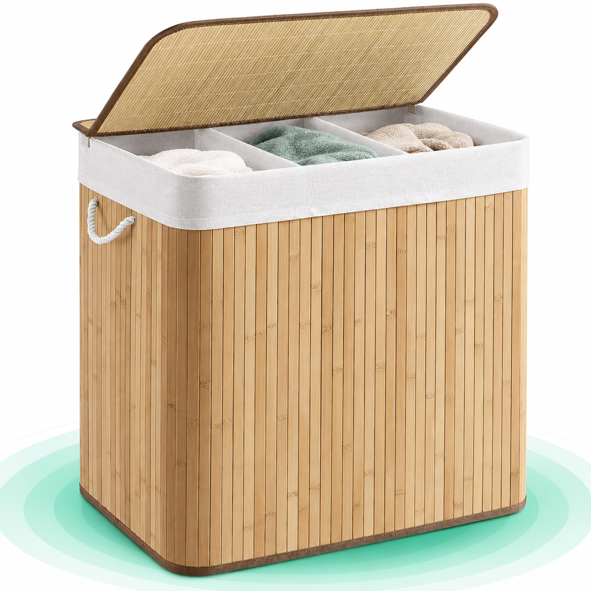 Cos de rufe din bambus, pliabil, 3 compartimente, 150 L, captuseala detasabila, 60x41x61,5 cm, natural
