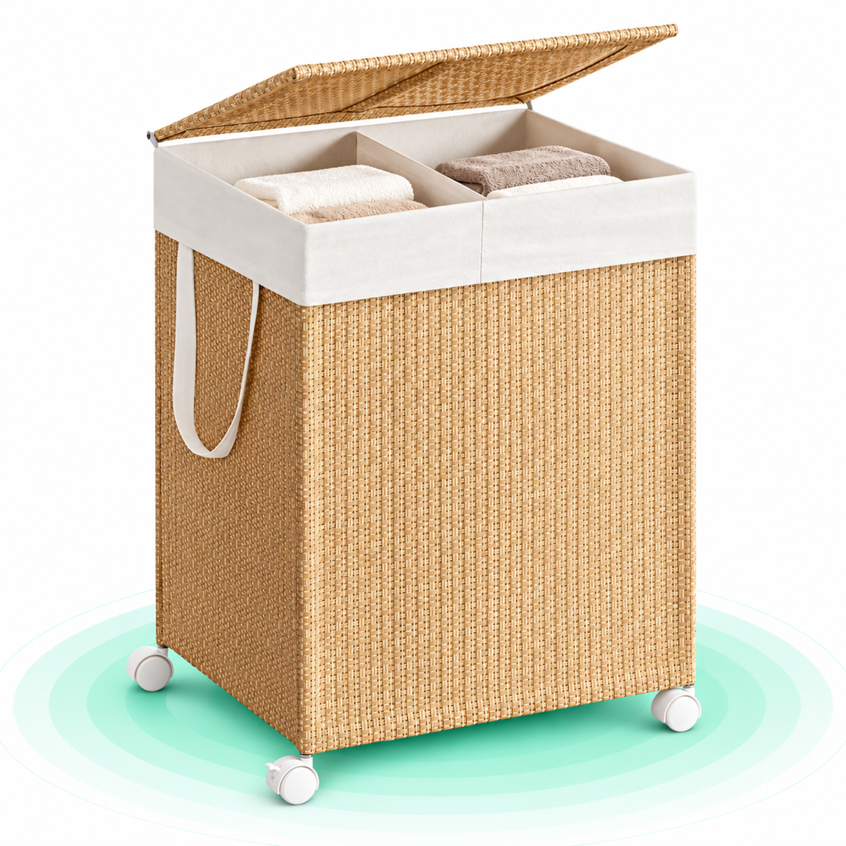 Cos rufe din tesatura tip ratan, 100L cu 2 compartimente si roti, 47x38x65 cm, bej natur