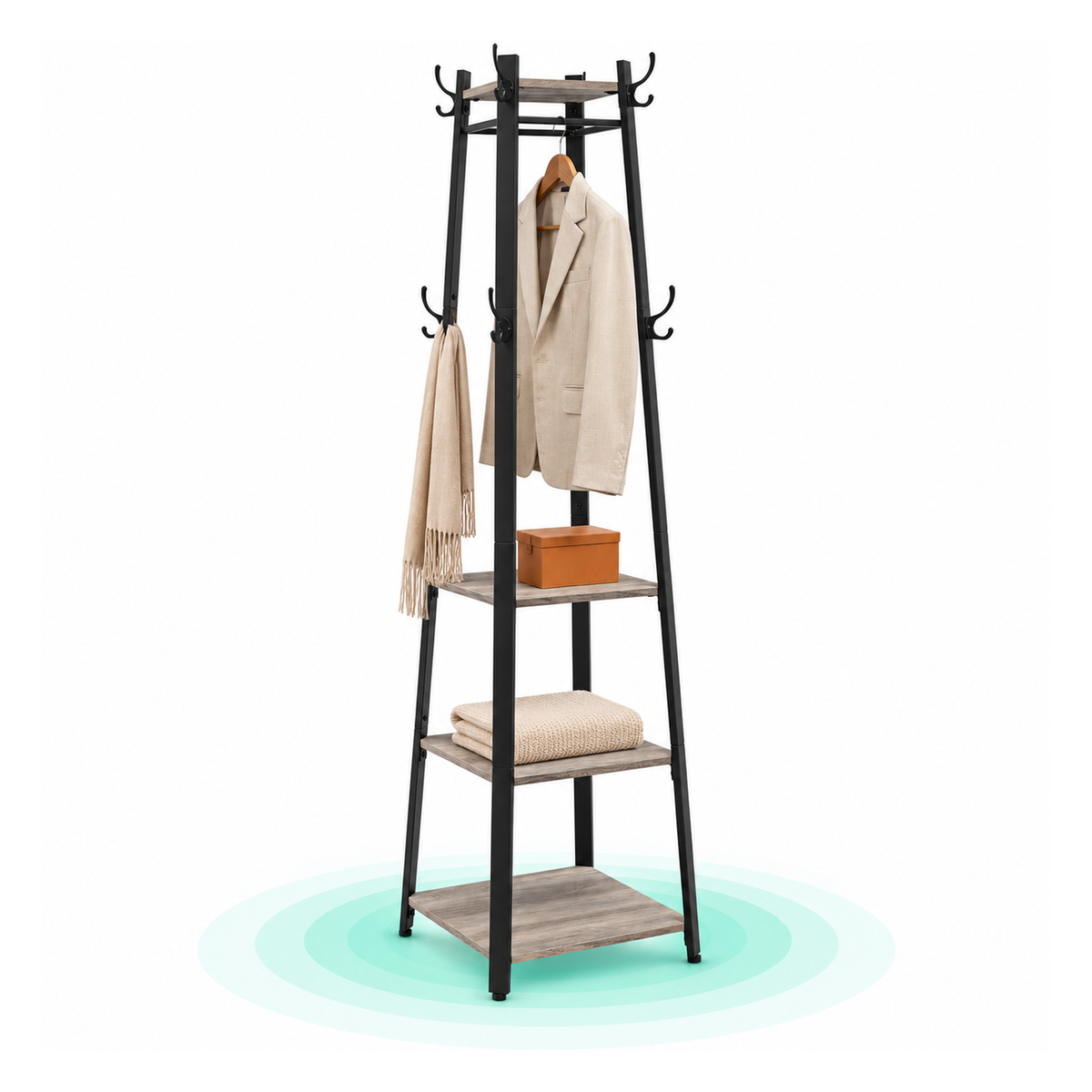 Cuier cu 8 carlige duble, 4 rafturi si bara pentru umerase, cadru metalic, stil industrial, 43x43x180 cm, gri si negru