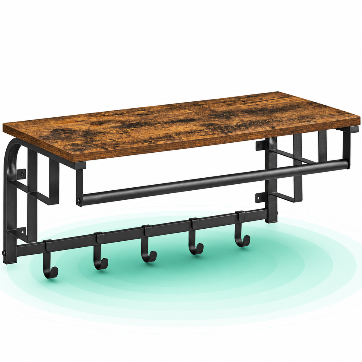 Cuier de perete cu raft de depozitare, 5 carlige detasabile, 30x66x27cm, maro rustic si negru