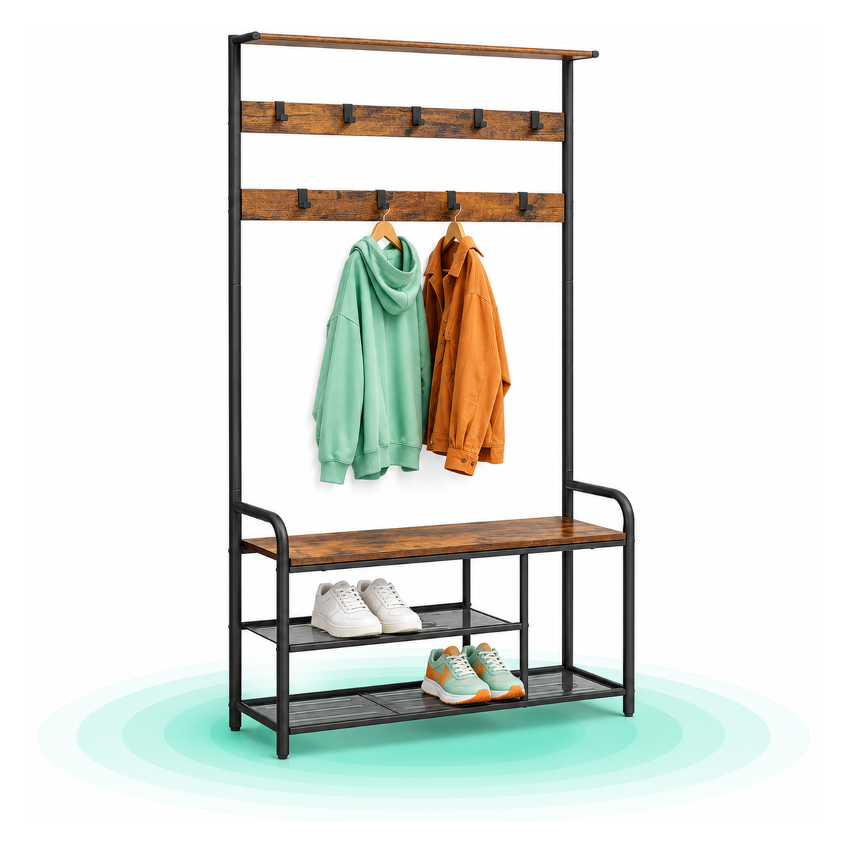 Cuier hol cu banca si raft pantofi, 9 carlige, cadru metalic, stil industrial, 85x30x181 cm, maro rustic