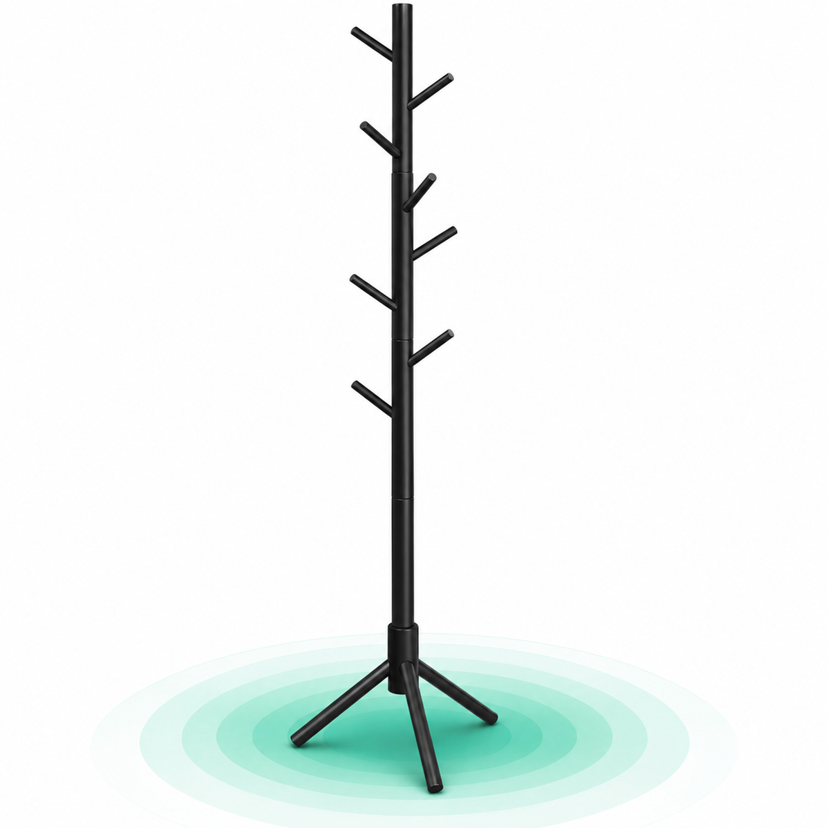 Cuier lemn masiv 47x47x175 cm, 8 carlige si inaltime reglabila, baza triunghiulara, negru