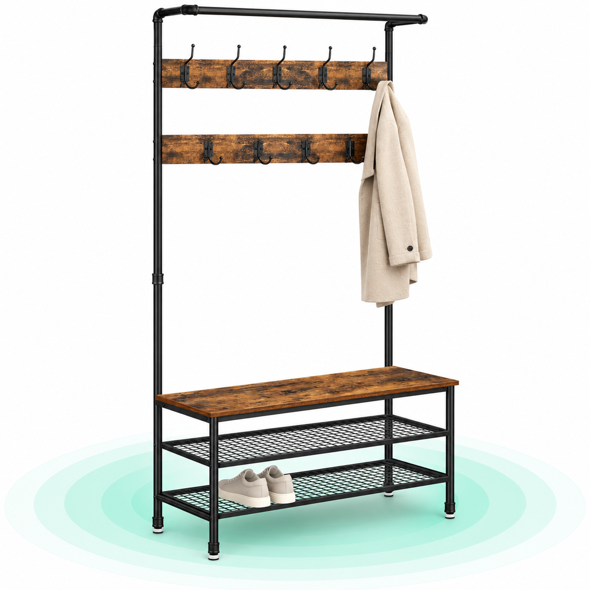 Cuier pentru haine cu 9 carlige si suport pentru pantofi, stil industrial, cadru din otel, 100x42x182 cm
