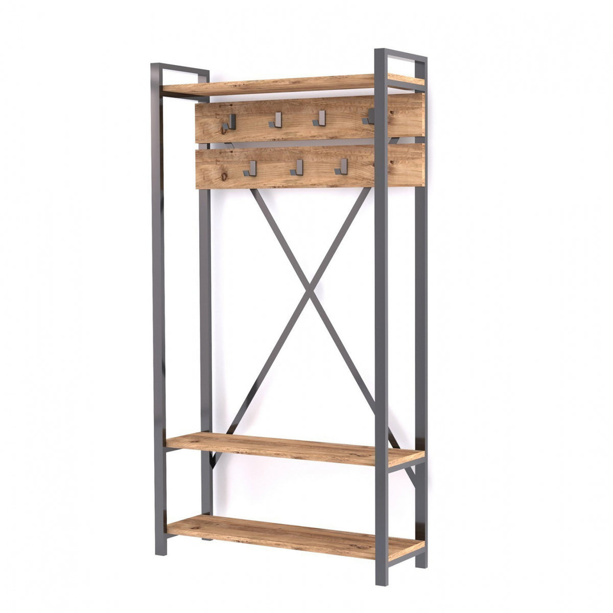 Cuier intrare cu rafuri, nuanta natur/negru, 90x34x180 cm