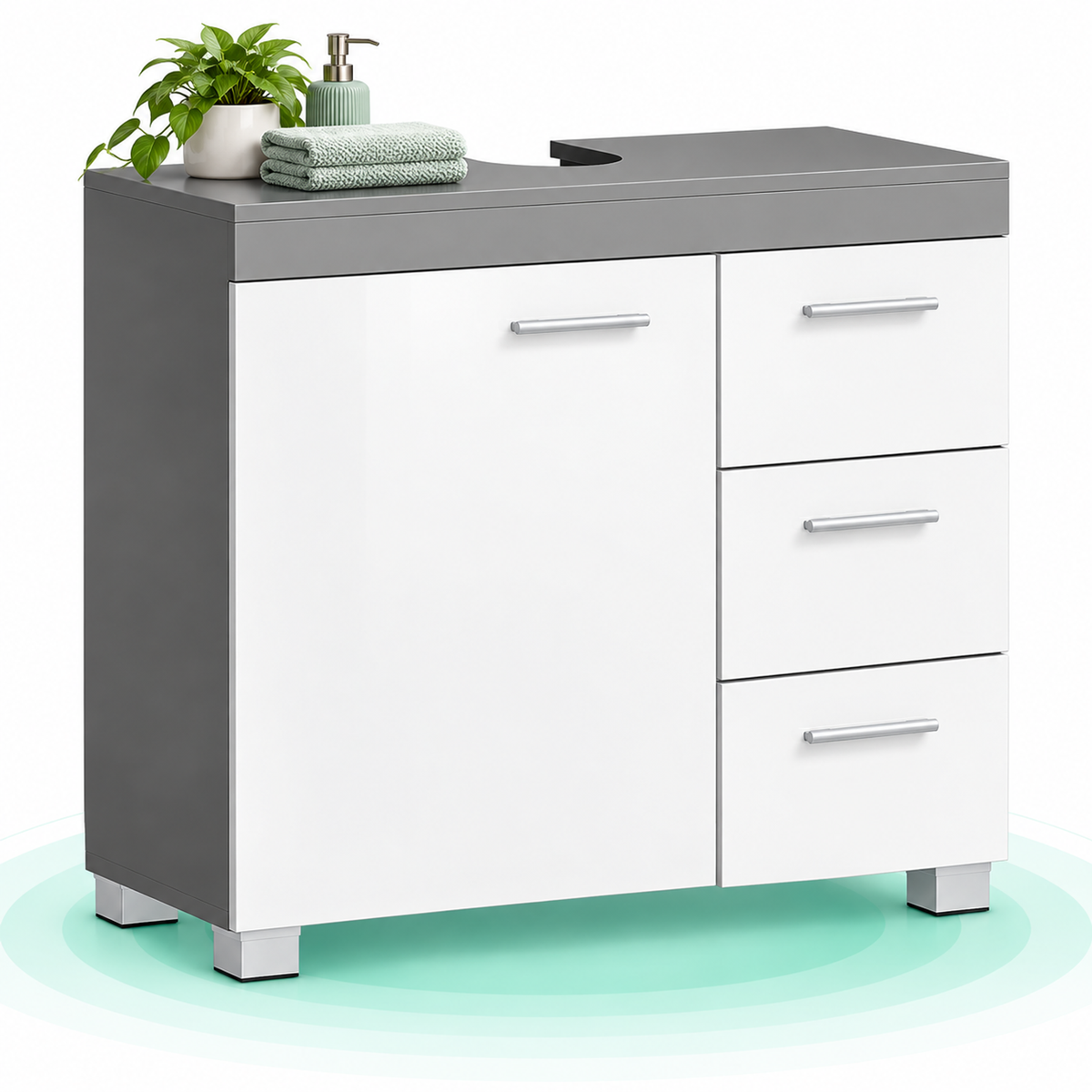 Dulap baie sub lavoar, 3 sertare, 2 compartimente si raft reglabil, MDF, 70x30x64 cm, alb cu gri ciment
