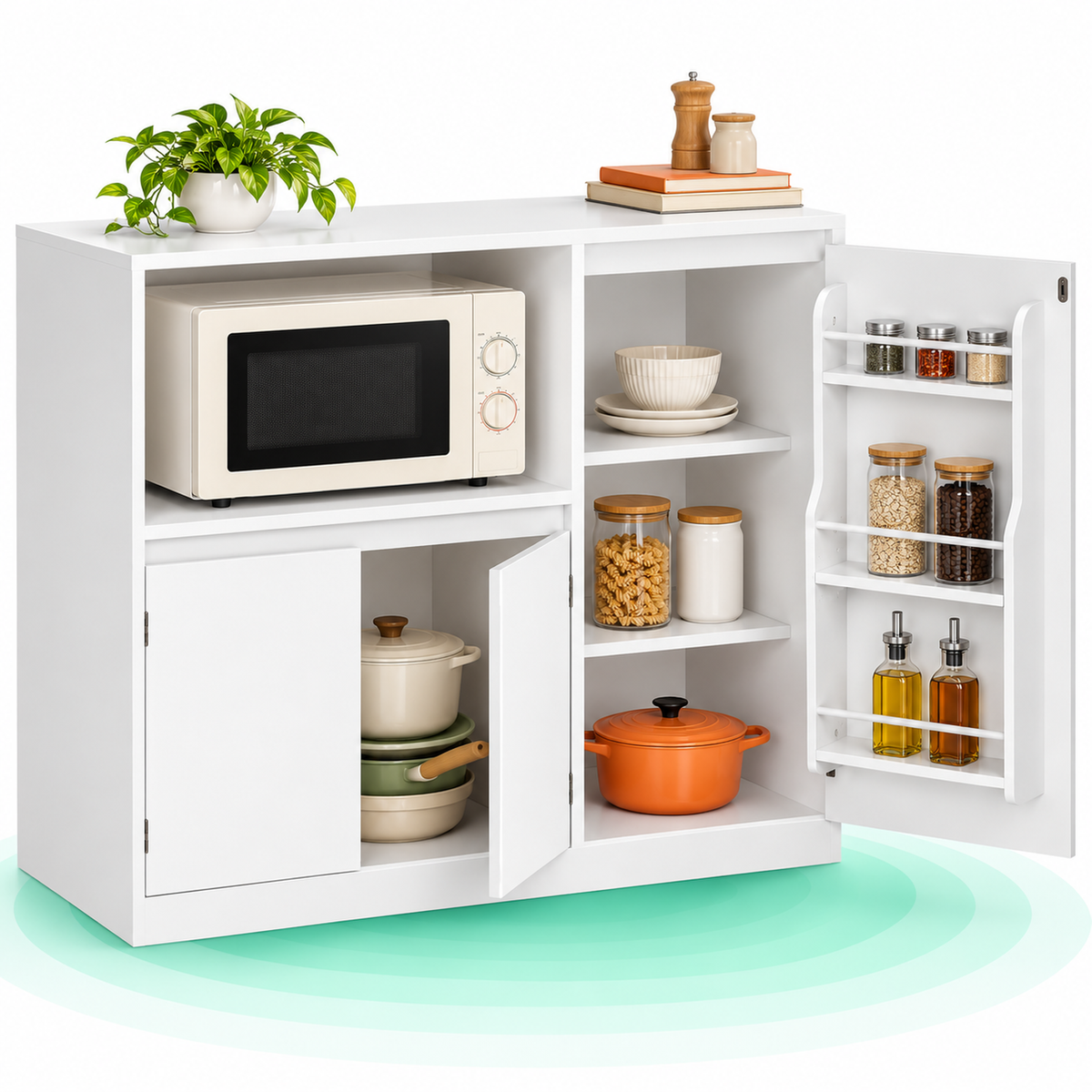 Dulap bucatarie cu loc pentru cuptor cu microunde, priza integrata, 3 usi, rafturi reglabile, 90x40x90 cm, alb