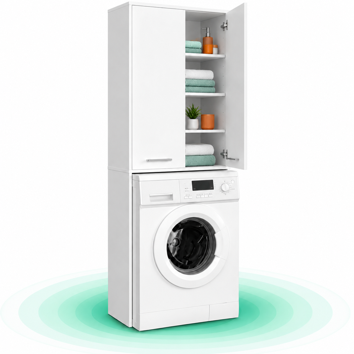 Dulap de baie pentru masina de spalat, 2 usi, 4 rafturi, 64x30x180 cm, alb
