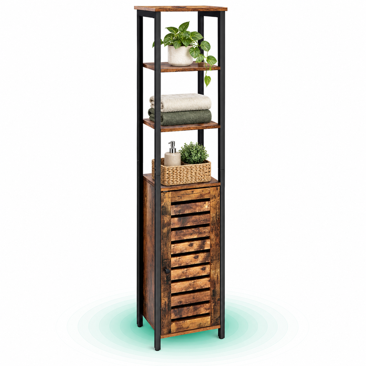 Dulap de depozitare in stil turn, 5 rafturi, compartiment cu usa, 37x30x167cm, maro rustic