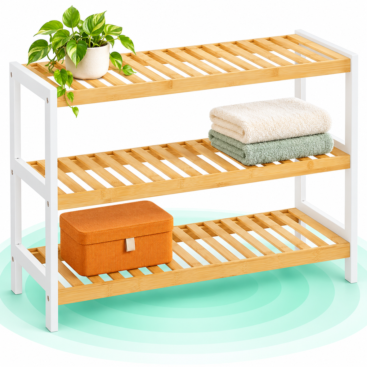 Etajera pantofi din bambus, 3 rafturi, 10 kg pe raft, 70x26x55 cm, alb si maro