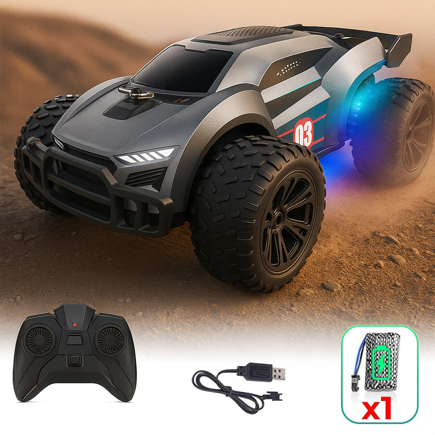 Masina cu telecomanda RC Timebox, 15 km/h, 4WD, Off-road, lumini LED, Gri - Imagine 1