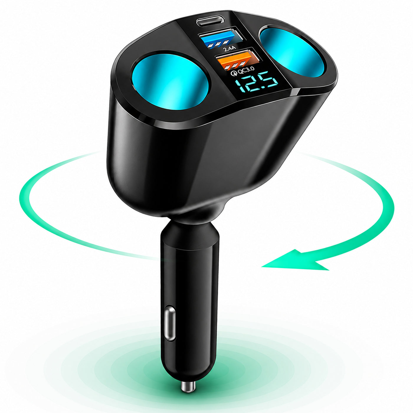 Adaptor priza auto multiplicator 120 W Timebox, 2x soclu auto, 2 x USB, Negru