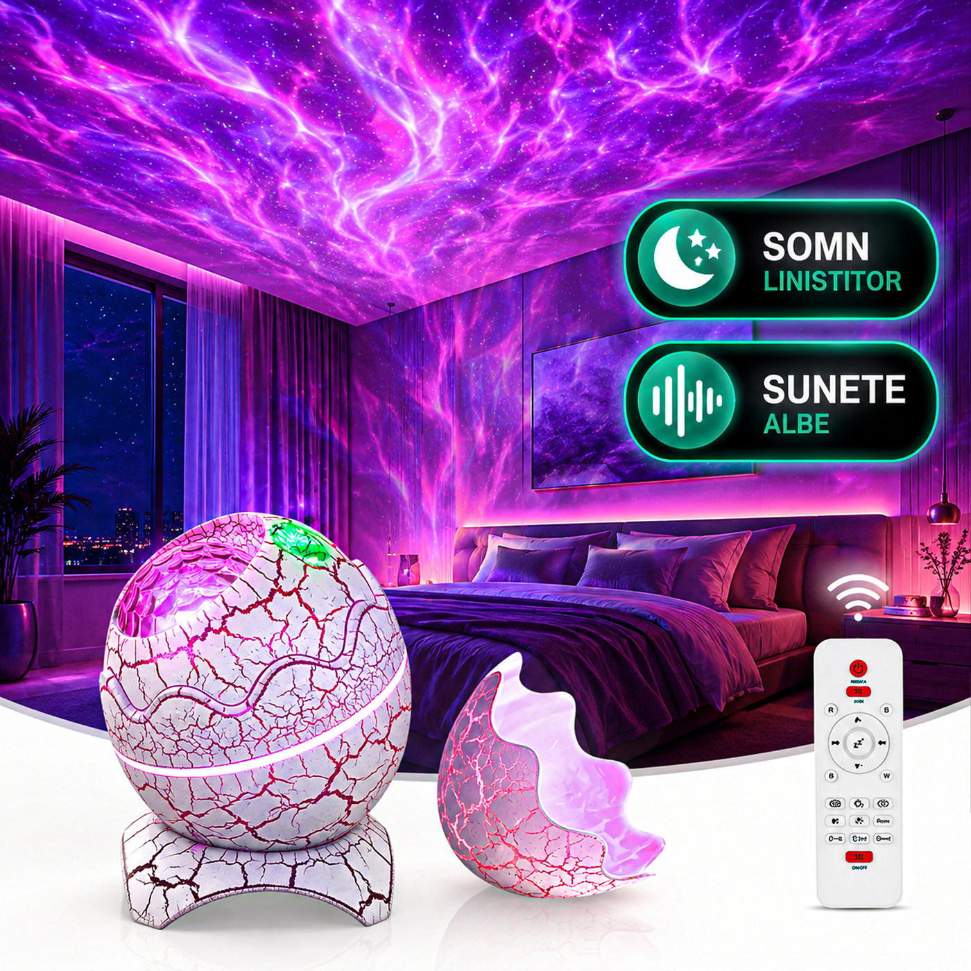 Lampa de Noapte tip Proiector Galaxie Timebox, Sunete Albe, Alb