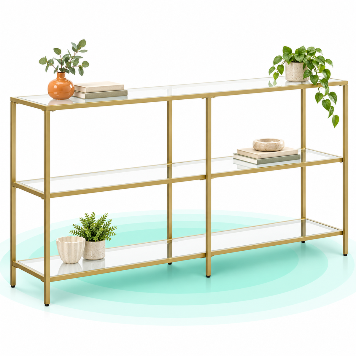 Masa consola cu 3 nivele din sticla securizata, cadru din otel, 130x30x73,3 cm, auriu