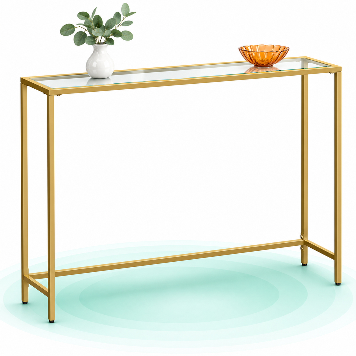 Masa consola pentru hol, blat din sticla securizata de 5 mm, cadru din otel, 100x20x80 cm, auriu pal