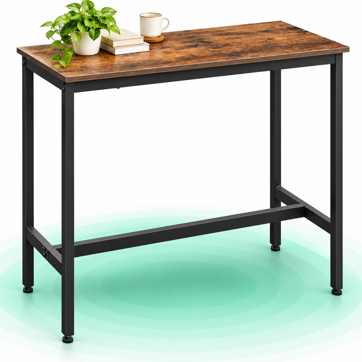 Masa de bar ingusta, cadru metalic, stil industrial, 100x40x90 cm, maro rustic si negru