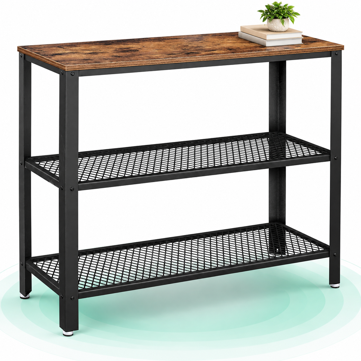 Masa de intrare, cadru metalic cu 3 polite din MDF, 35x102x80cm, maro rustic si negru