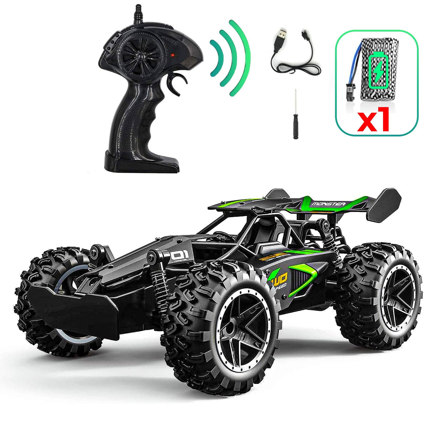 Masina cu telecomanda Monster RC Truck Timebox, 25km/h, 1:18, 2WD, Negru/Verde - Imagine 1