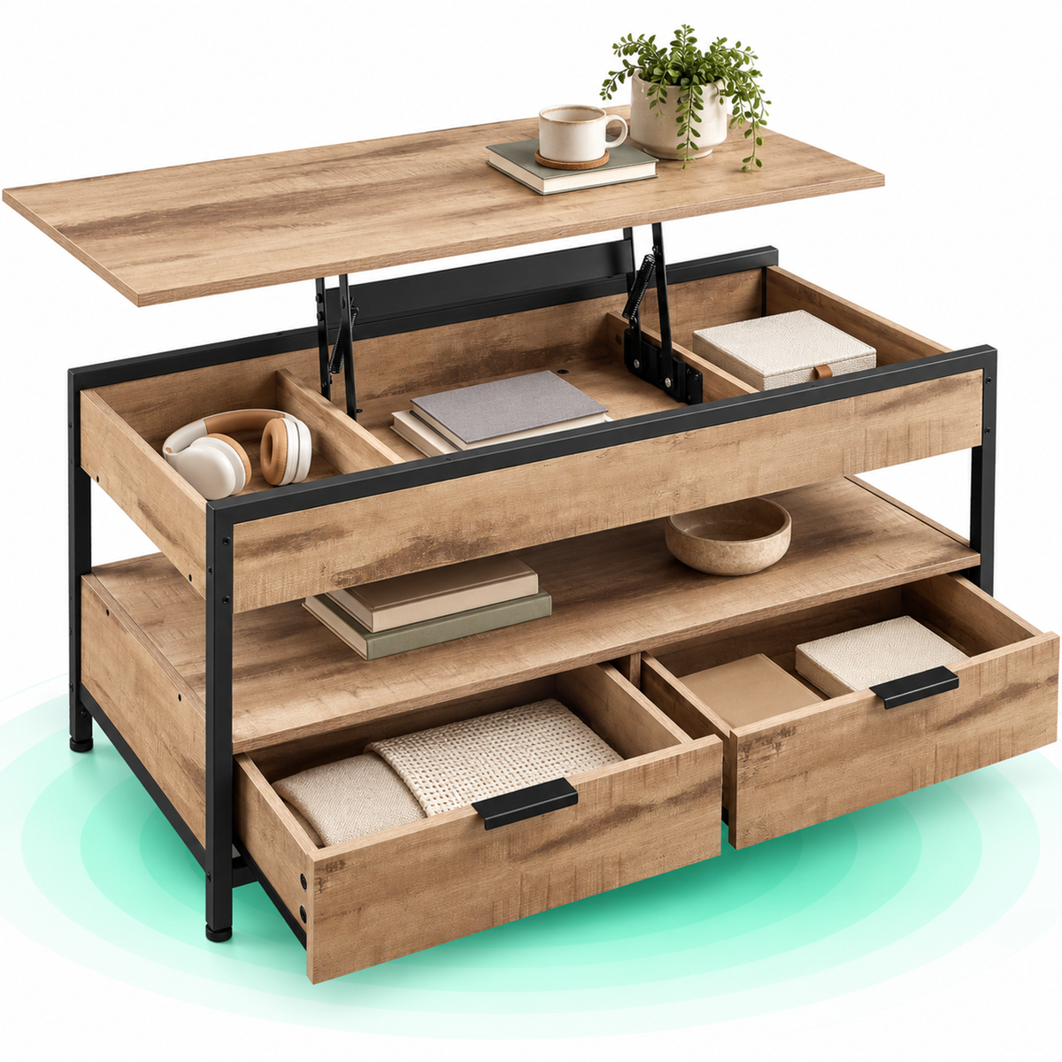 Masuta de cafea cu blat rabatabil 100×50 cm, 5 compartimente, stil industrial, PAL si otel, maro-negru