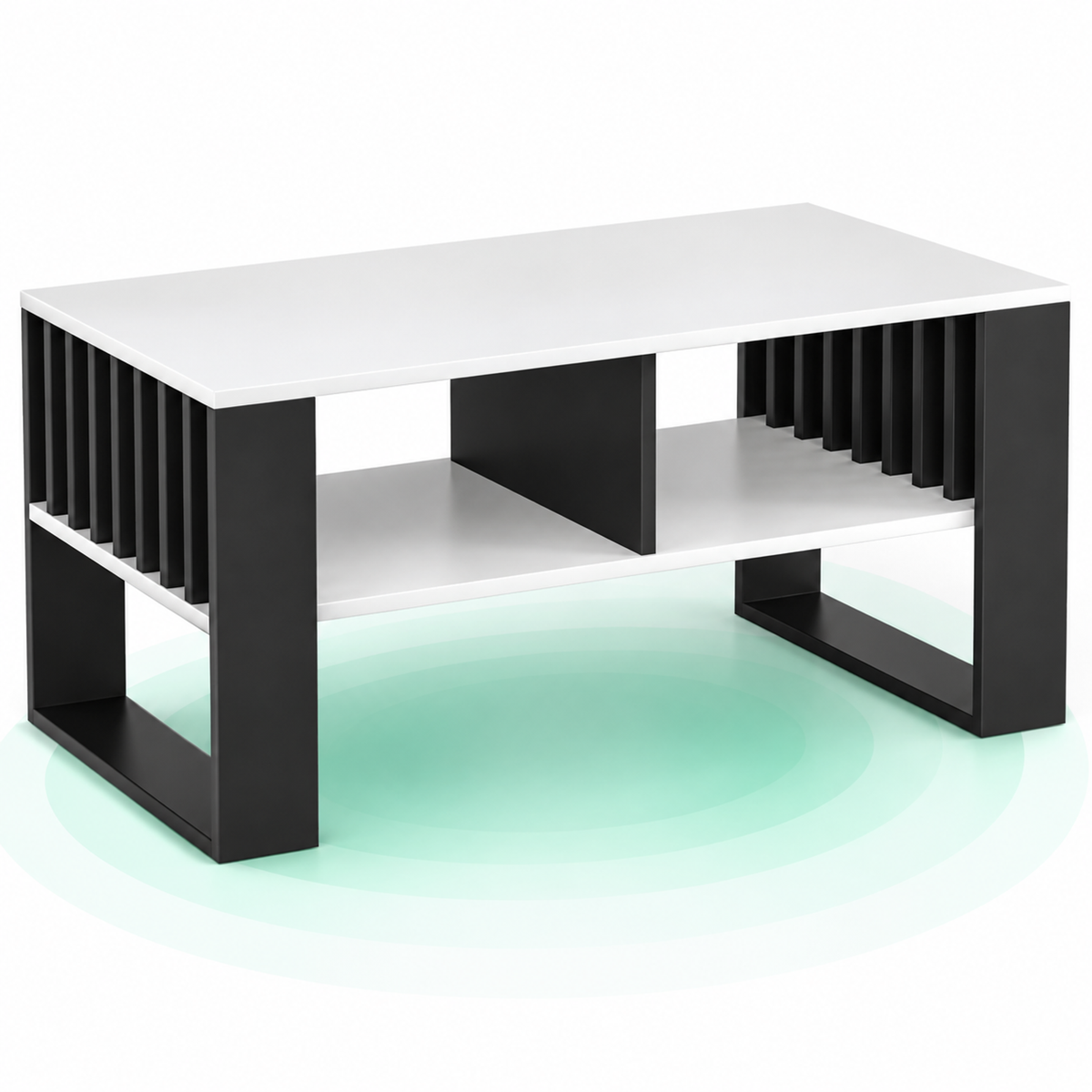 Masuta de cafea cu raft inferior si lamele decorative, blat PAL, 92x53x45 cm, alb si negru