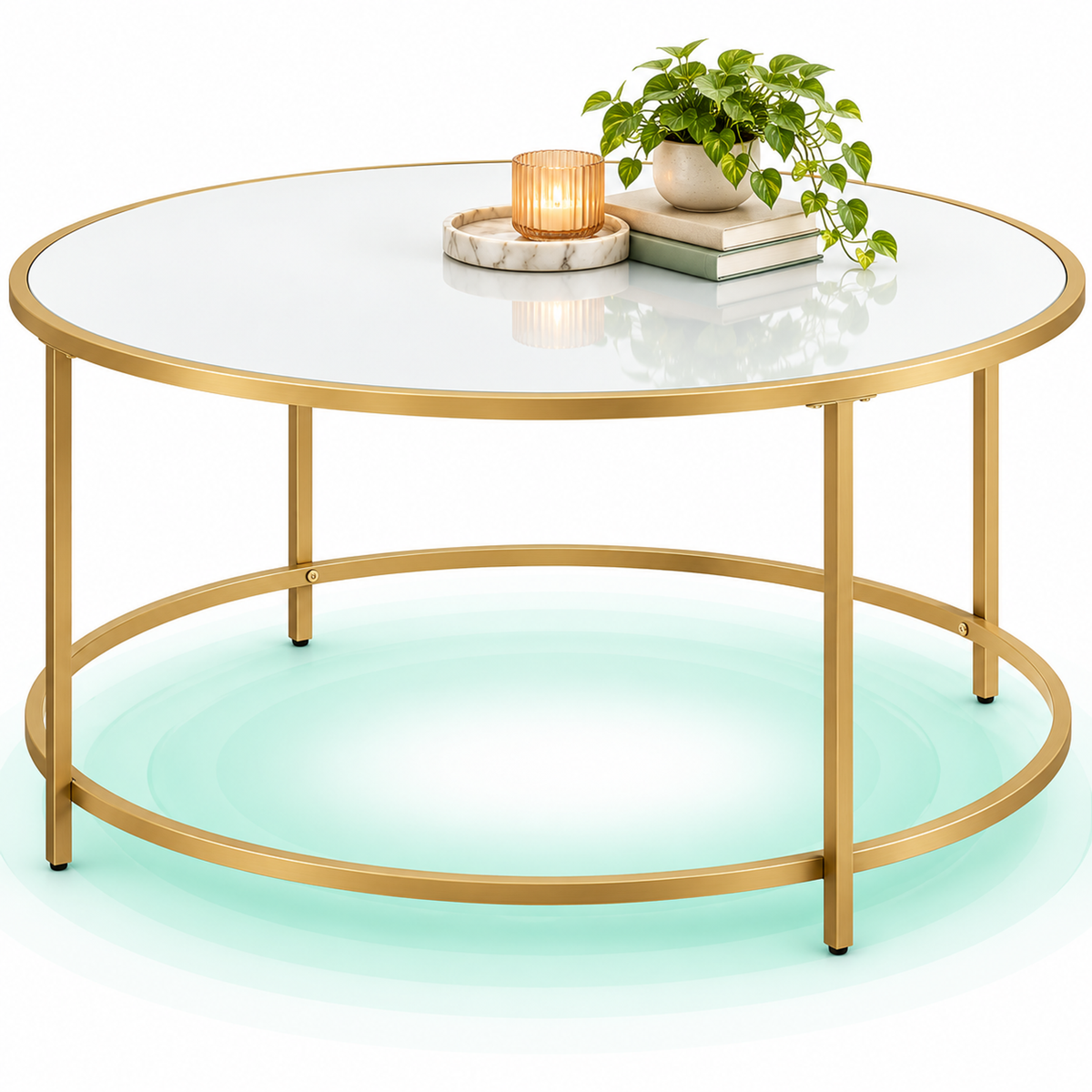 Masuta de cafea rotunda, blat din sticla securizata, cadru metalic, talpi reglabile, 84x84x45,5 cm, auriu