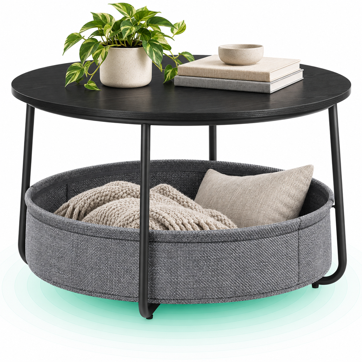 Masuta de cafea rotunda cu cos de stofa, stil modern, 45x75cm, negru cu gri
