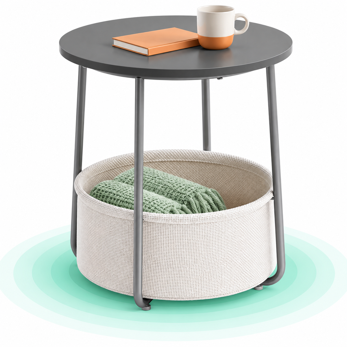 Masuta de cafea rotunda cu cos de stofa, stil modern, 45x50cm, gri