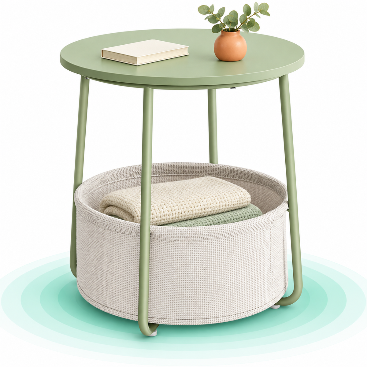 Masuta laterala rotunda cu cos textil, blat MDF, cadru metalic si picioare reglabile, 45x45x50 cm, verde cu crem