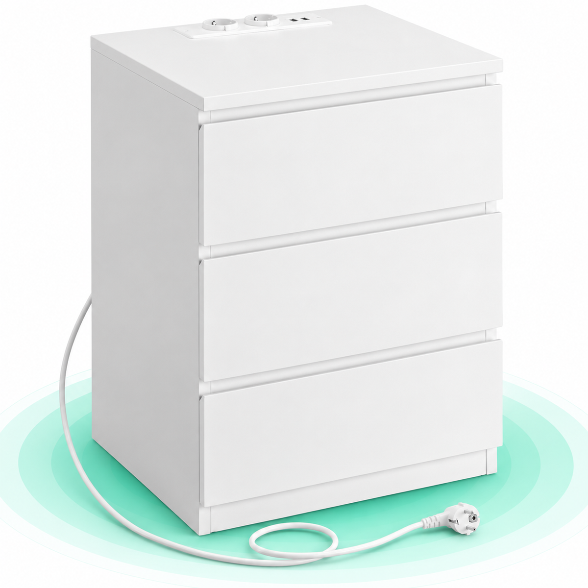 Noptiera cu 3 sertare, 2 prize si 2 porturi USB, din PAL, 40x35x59 cm, alb