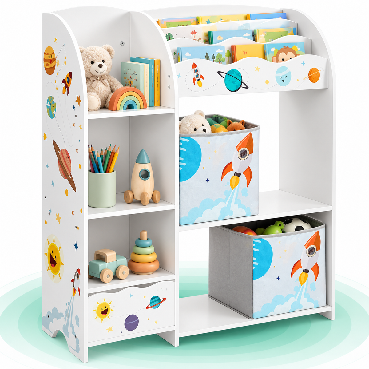 Organizator jucarii si carti pentru copii, 2 sertare textile, decor cosmic, 93x30x100 cm, alb
