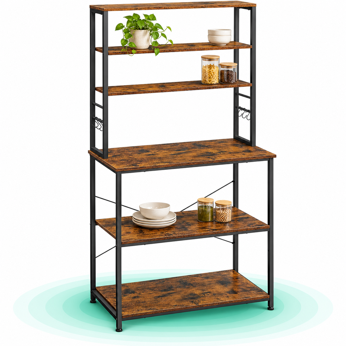 Raft de bucatarie cu spatiu pentru cuptorul cu microunde, 6 rafturi, otel, industrial, 40x80x167cm, maro retro si negru