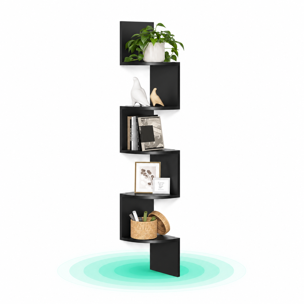Raft de colt suspendat, 5 niveluri, PAL, 20x20x126 cm, negru