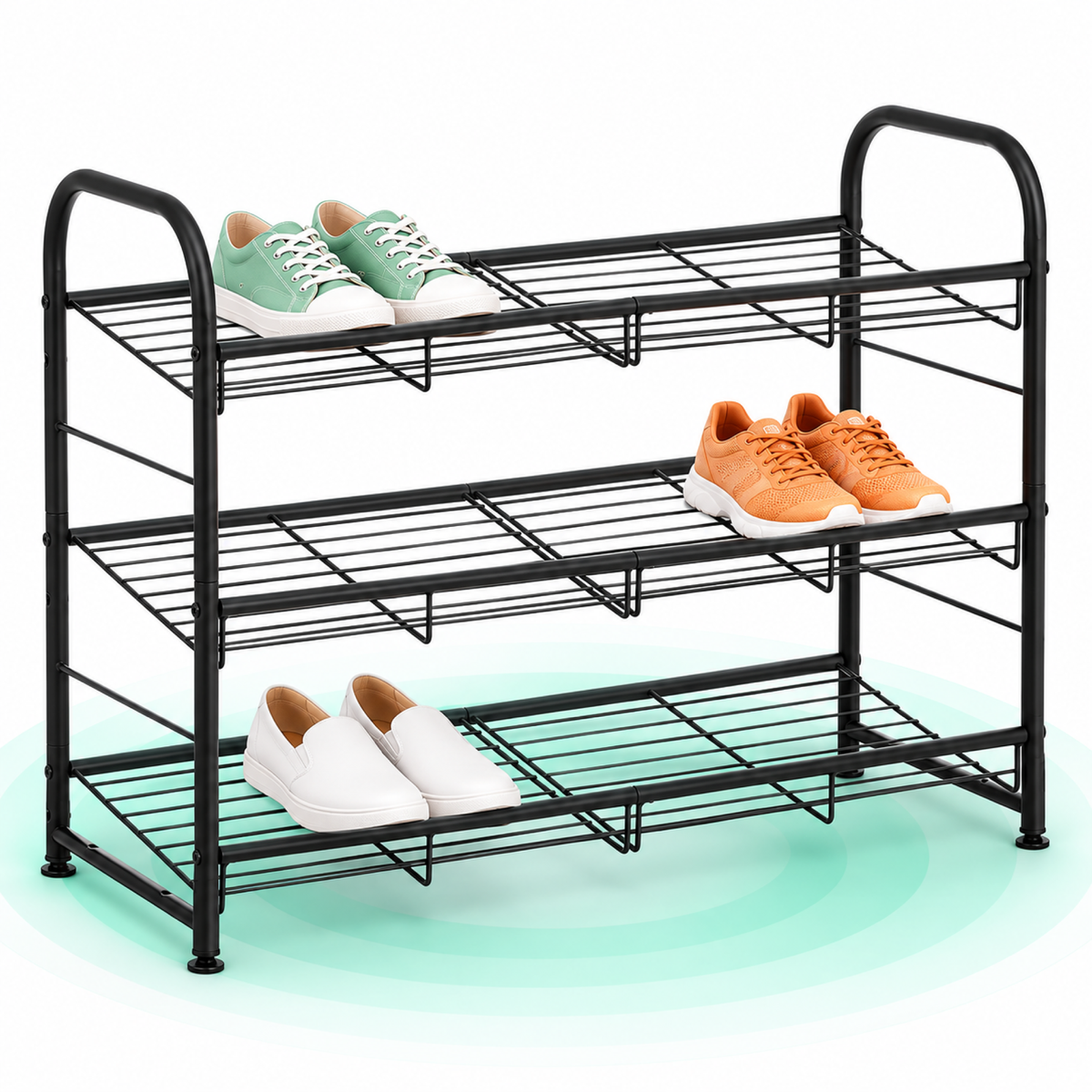 Raft de depozitare pantofi, din metal, pe 3 niveluri, cu rafturi unghiulare reglabile, 28x69x50cm, negru
