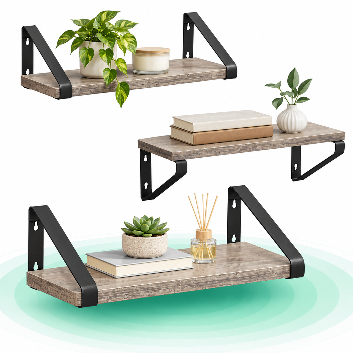 Raft de perete, set 3 bucati 30cm, 35cm si 40cm, 2 moduri de montare, gri si negru