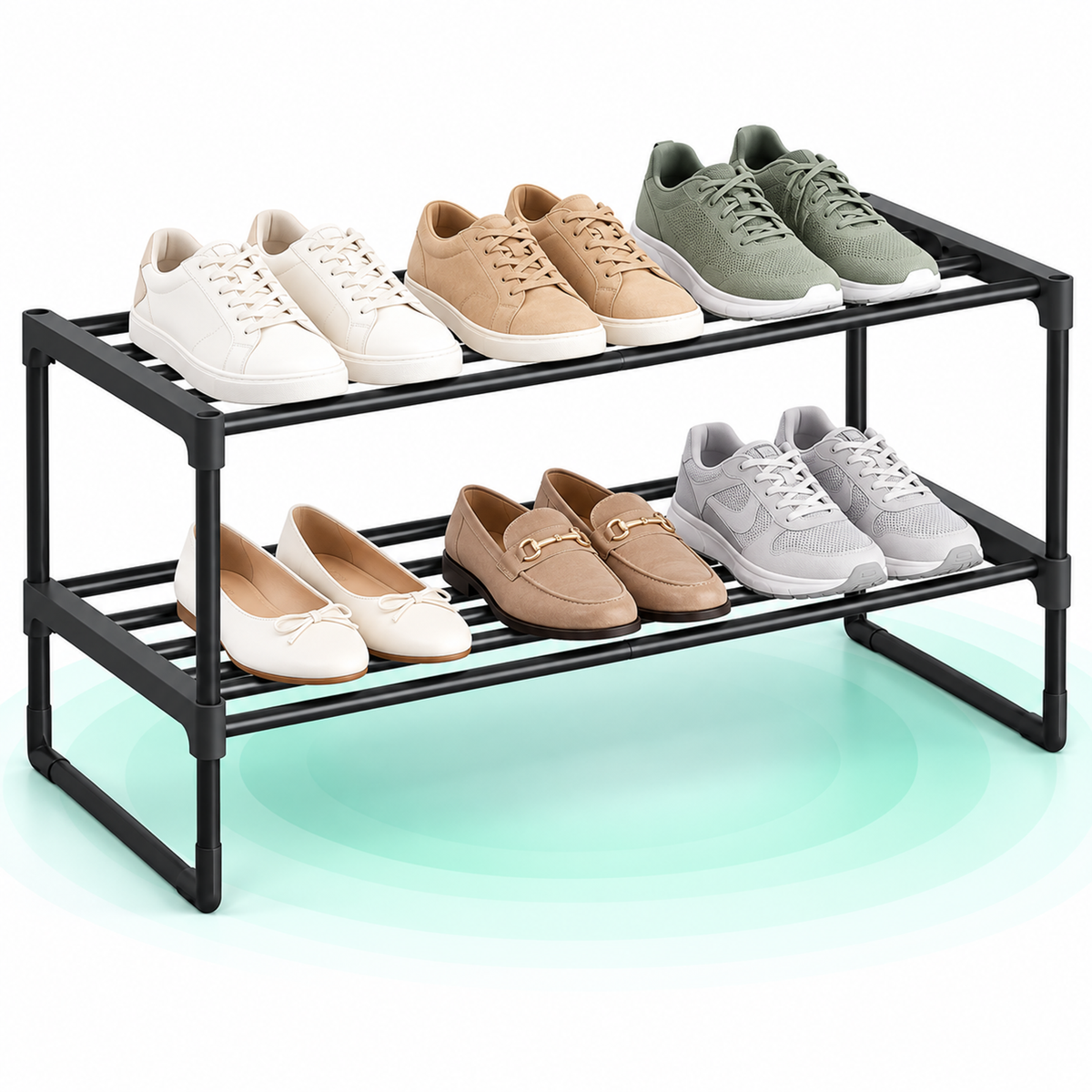 Raft pantofi cu 2 niveluri, stivuibil, 6-9 perechi, 68x30x33,8 cm, negru