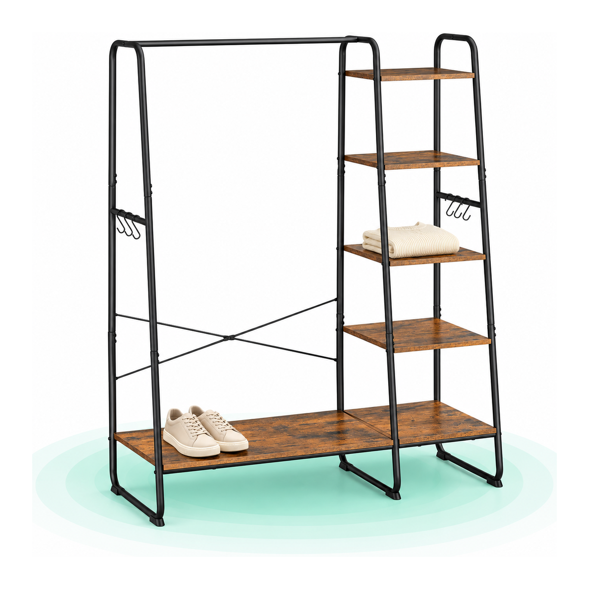 Raft pentru haine cu suport pentru pantofi, 5 polite, 6 carlige laterale, 45x120x160cm, maro rustic si negru