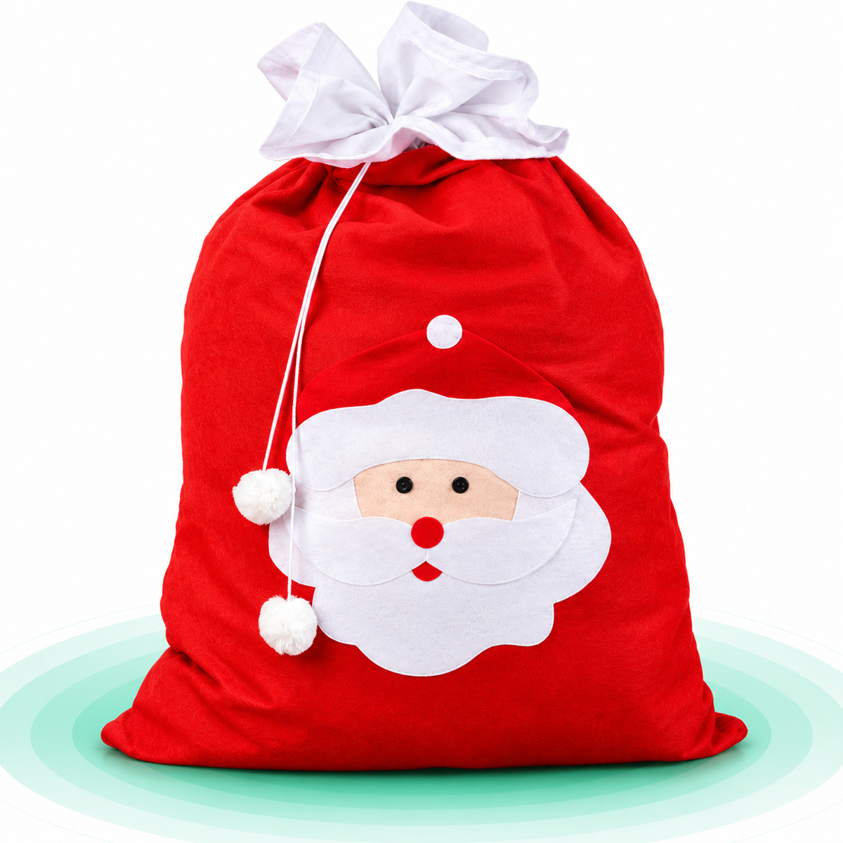 Sac de cadouri Mos Craciun cu snur si pompoane, model HOHOHO, 110x70 cm, rosu