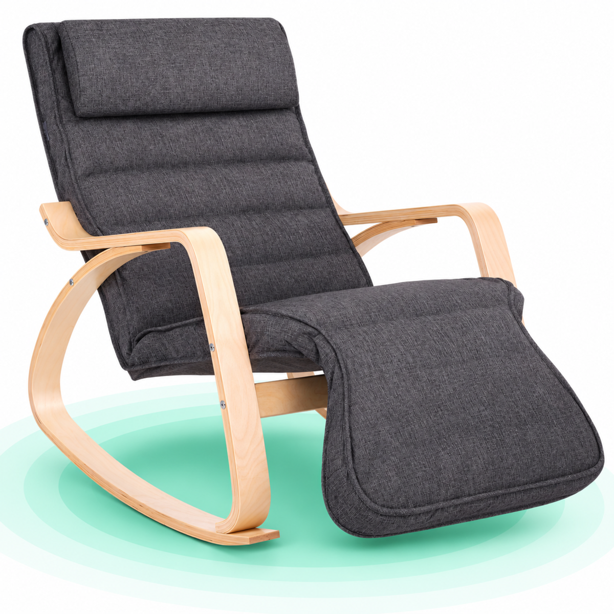 Scaun balansoar din lemn, suport picioare reglabil, maxim 150kg, 67x125x91cm, gri inchis