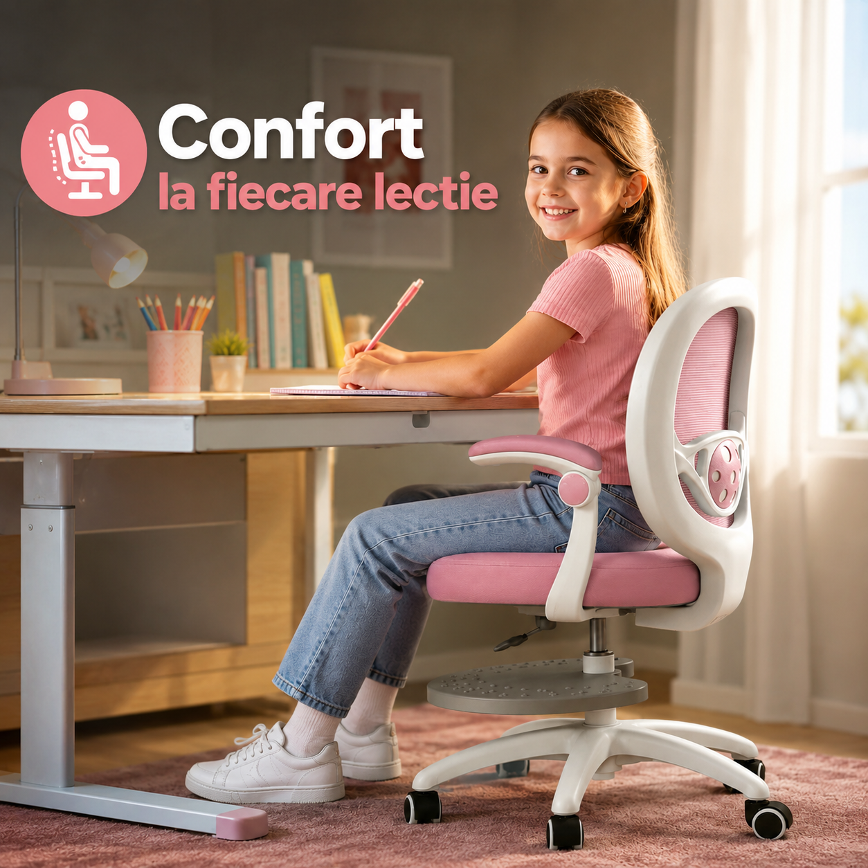 Scaun Reglabil pentru Copii, Model Ergonomic cu Spatar Confortabil, Roz