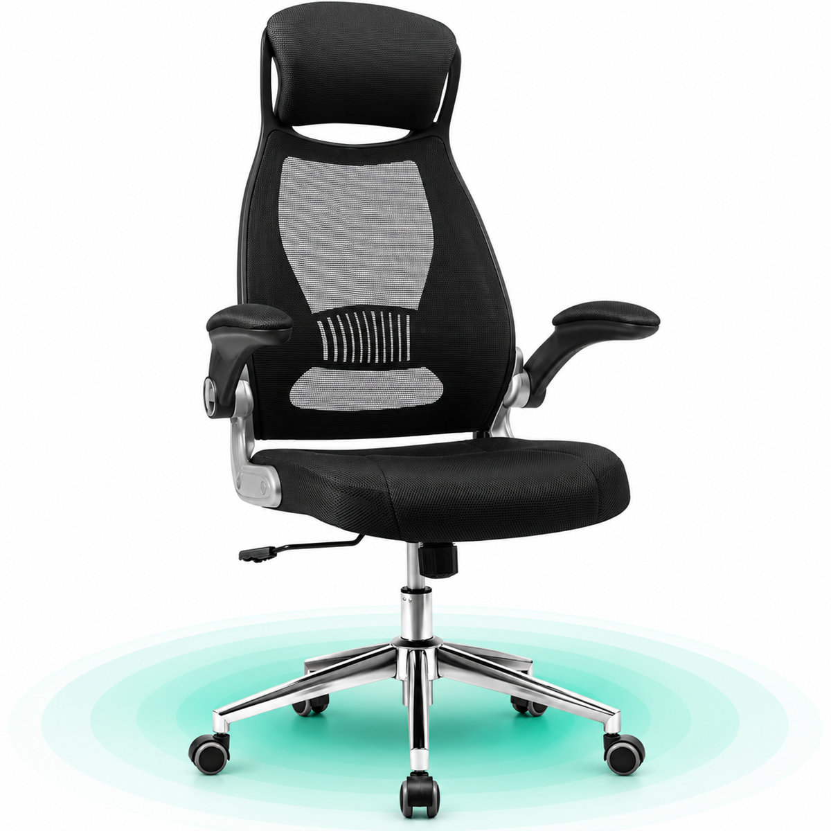 Scaun de birou ergonomic cu tetiera si brate rabatabile, spatar mesh, maxim 120 kg, 68×116-126 cm, negru