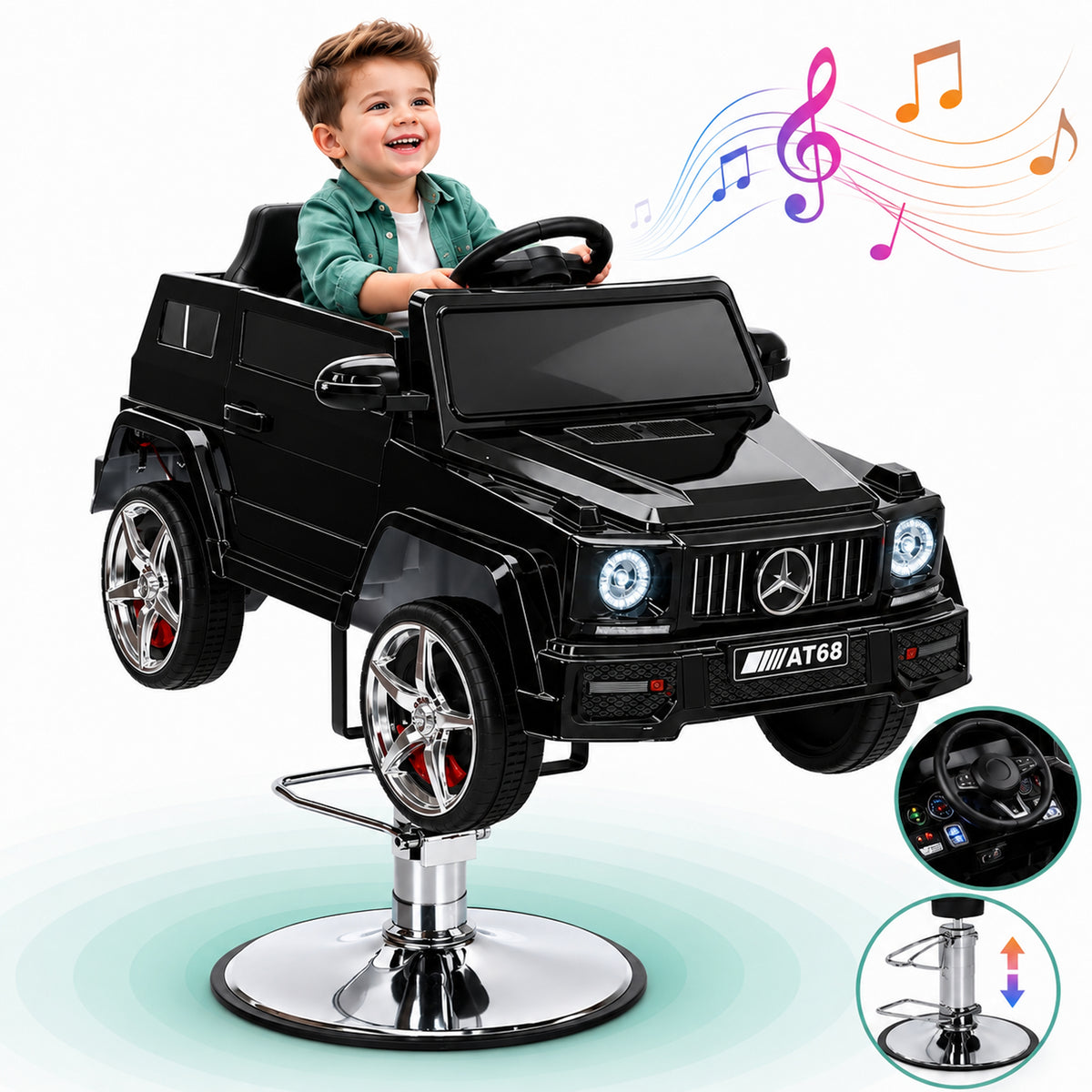 Scaun frizerie copii tip masina electrica, Scaun interactiv cu Bluetooth, Negru