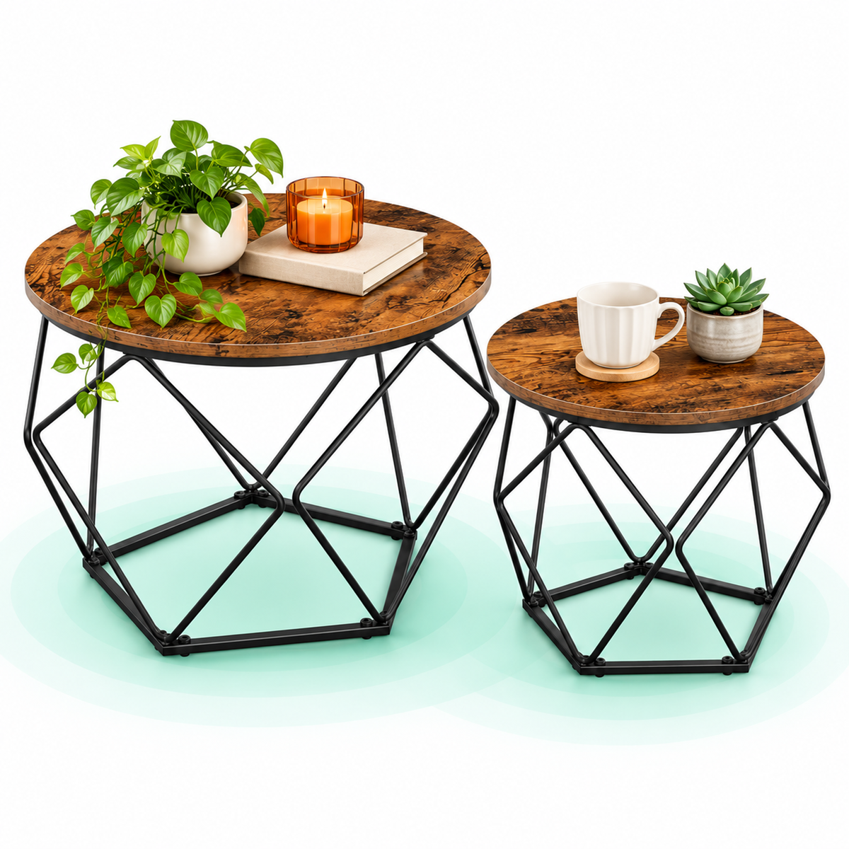 Set 2 masute de cafea rotunde cu blat detasabil, 50x40 si 40x36 cm, maro rustic si negru