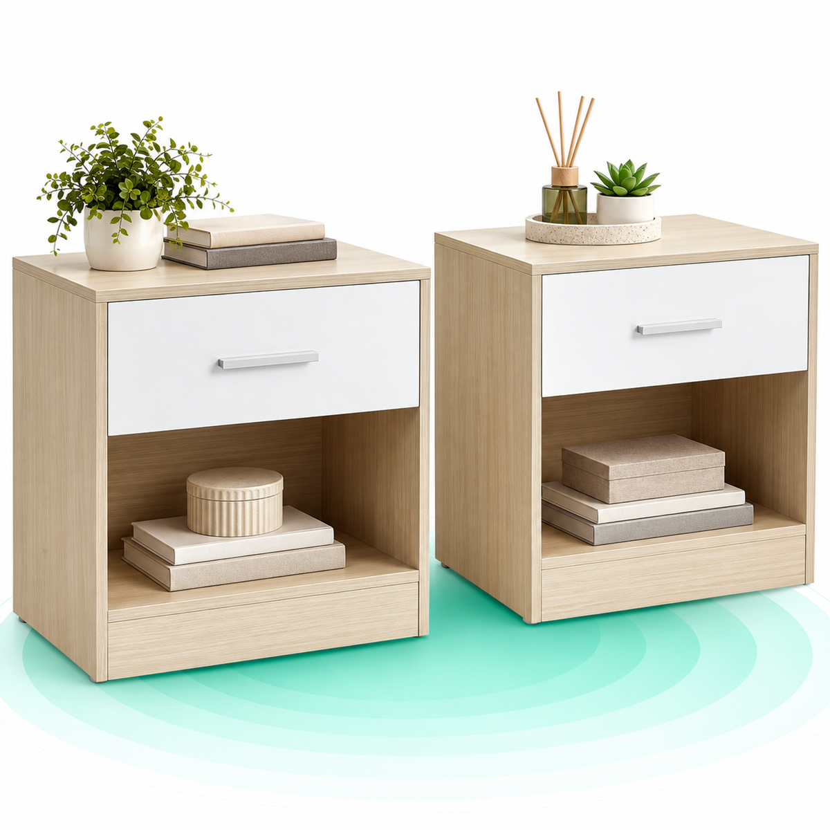 Set 2 noptiere 39x28x41 cm, cu sertar si compartiment deschis, PAL bej natur si alb
