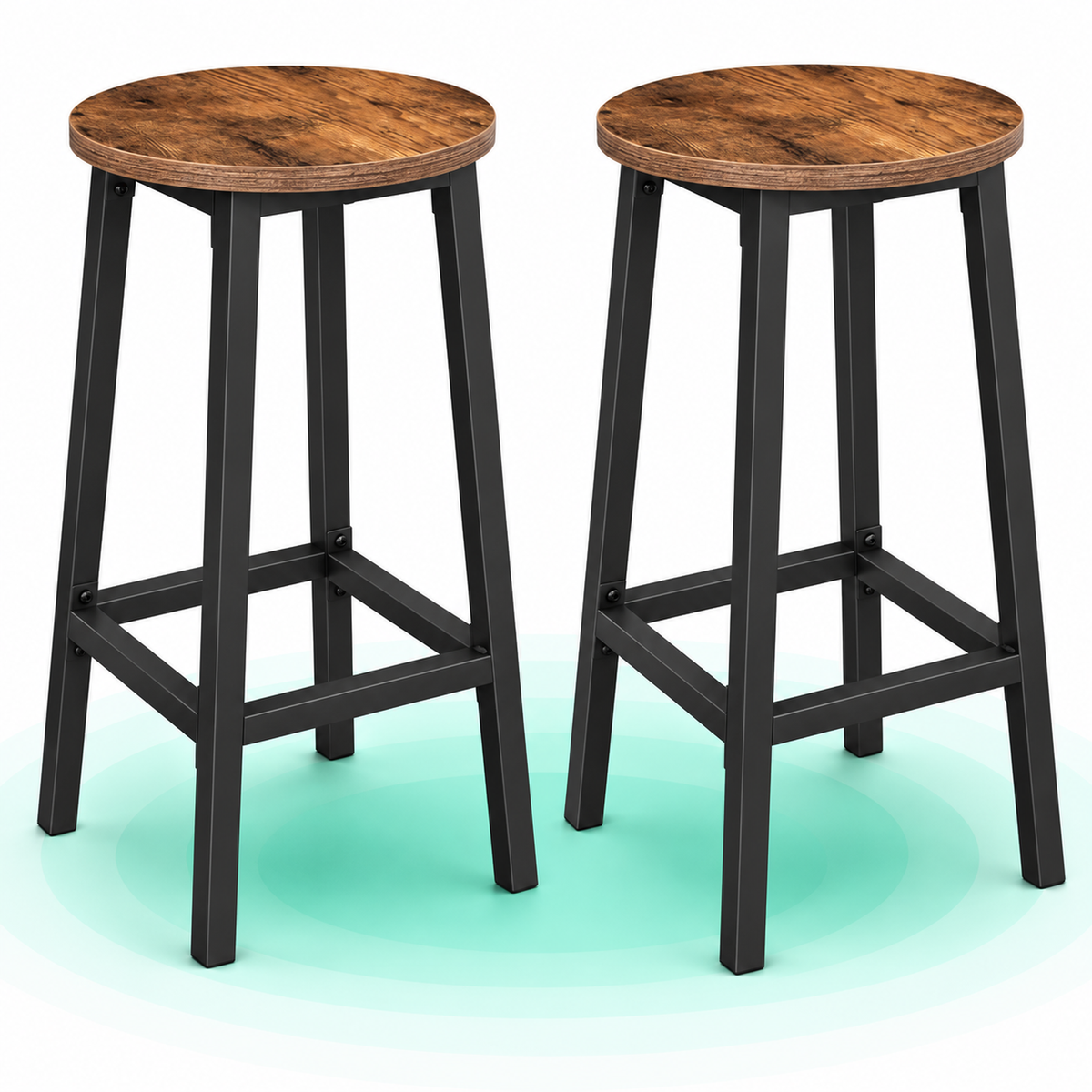 Set 2 scaune bar inalte, sezut rotund, cadru din otel, inaltime 65 cm, stil industrial, maro rustic si negru