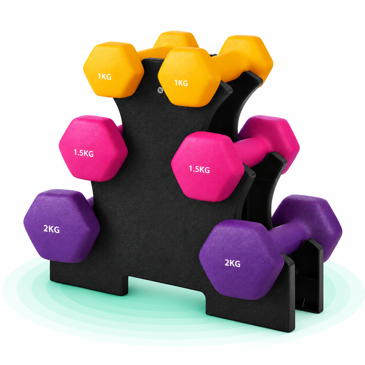 Set de 6 gantere hexagonale cu suport, 2x1kg 2×1.5kg 2×2 kg, multicolor
