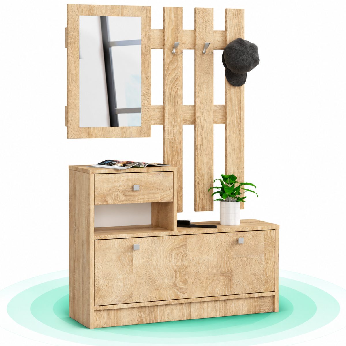 Set mobilier hol cu pantofar, oglinda, sertar si cuier metalic, 90x25x170 cm, stejar sonoma