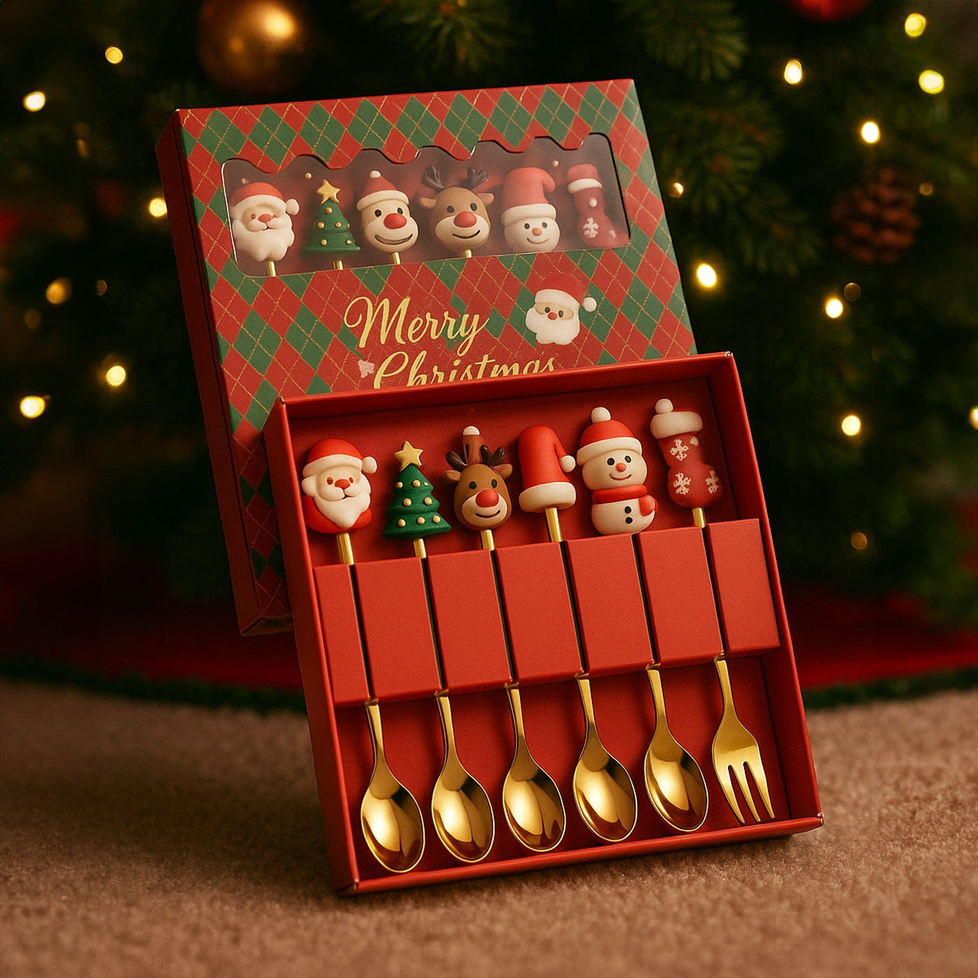 Set 6 Lingurite si Furculite Inox Craciun, Modele Festive cu Ren, Brad - Imagine 1