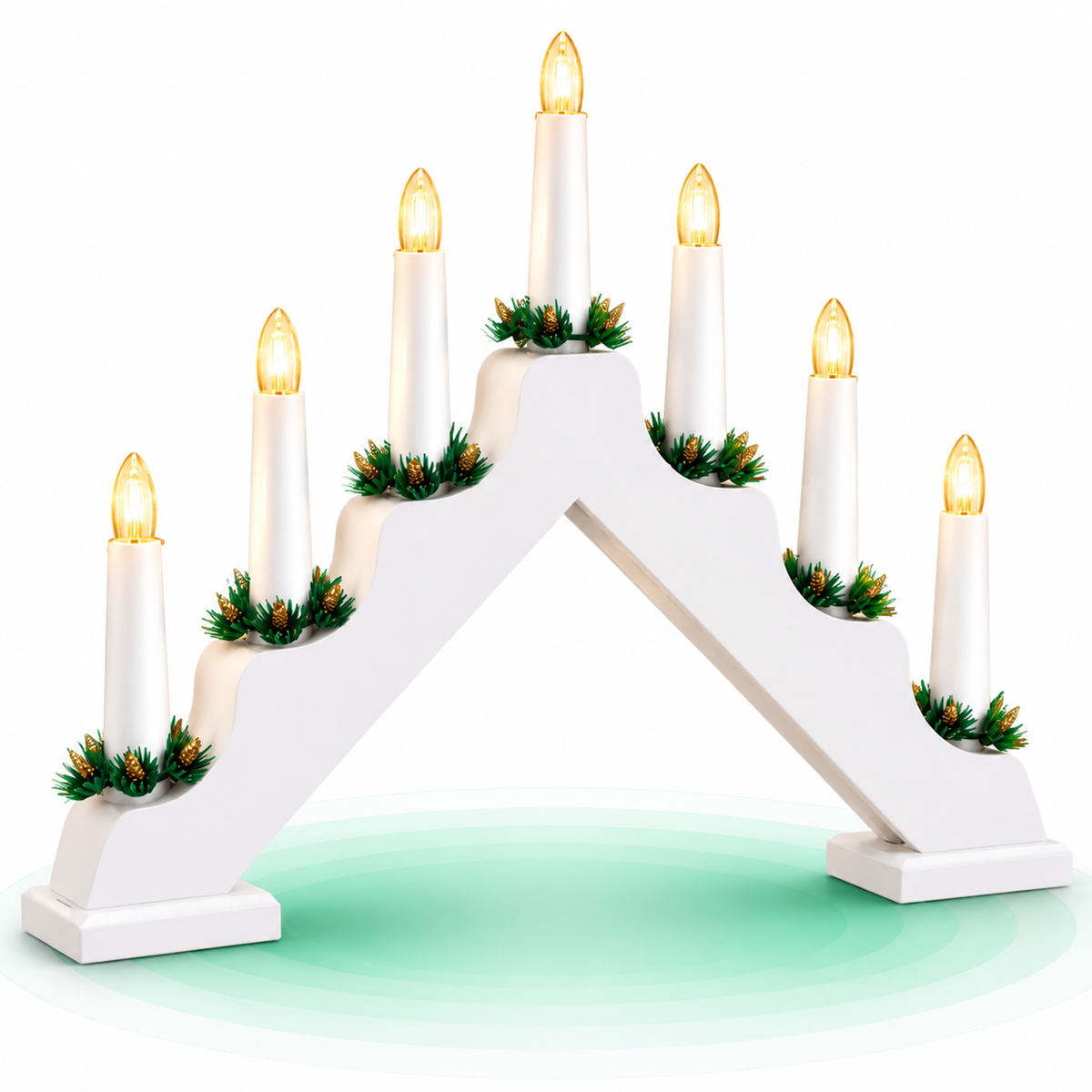 Sfesnic decorativ de Advent cu 7 lumanari LED, lumina calda si conuri decorative, alb