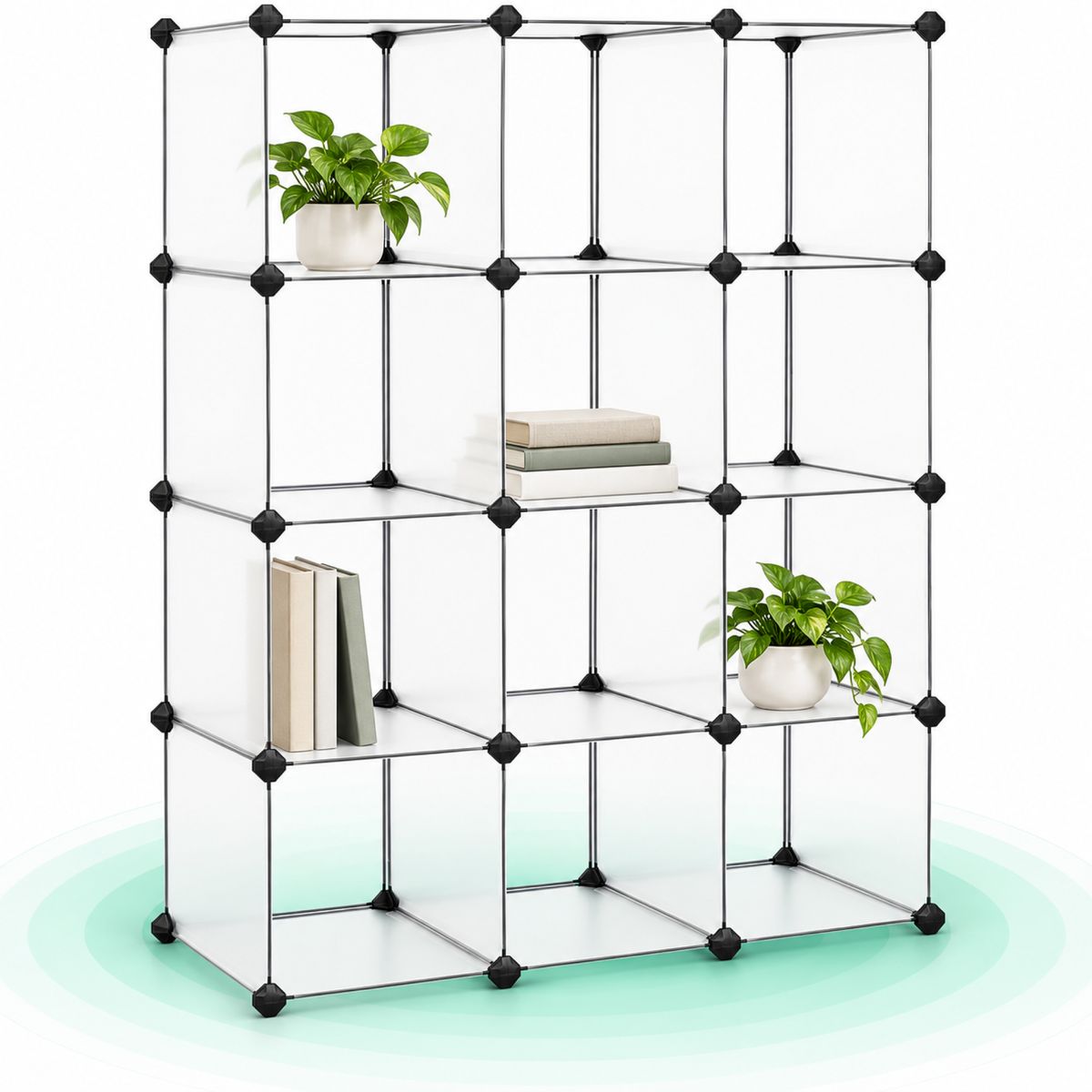 SONGMICS Biblioteca modulara cu 12 compartimente, rafturi cubice din plastic, montaj rapid, 93x31x123 cm, alb transparen