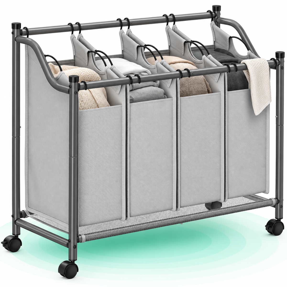 SONGMICS Cos de rufe cu 4 saci detasabili, structura metalica pe roti, 4x35L, 87x38x81cm, gri