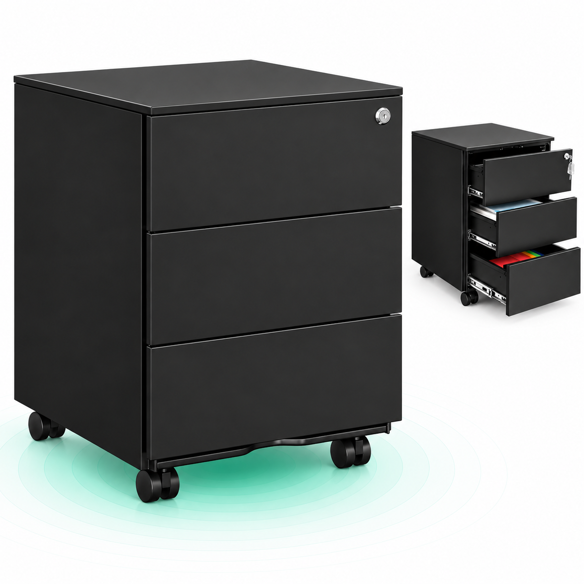 SONGMICS Dulap mobil rollbox pentru birouri, 3 sertare pentru documente, corp pre-asamblat, 45x39x54 cm, negru